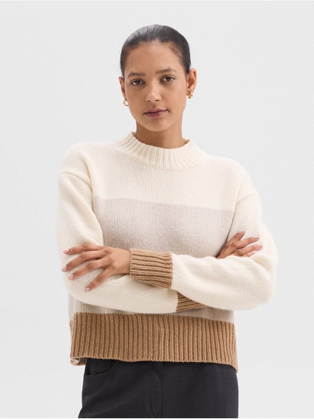 Theory Felted-Wool-Cashmere Cream and Tan Colorblock Crewneck Sweater